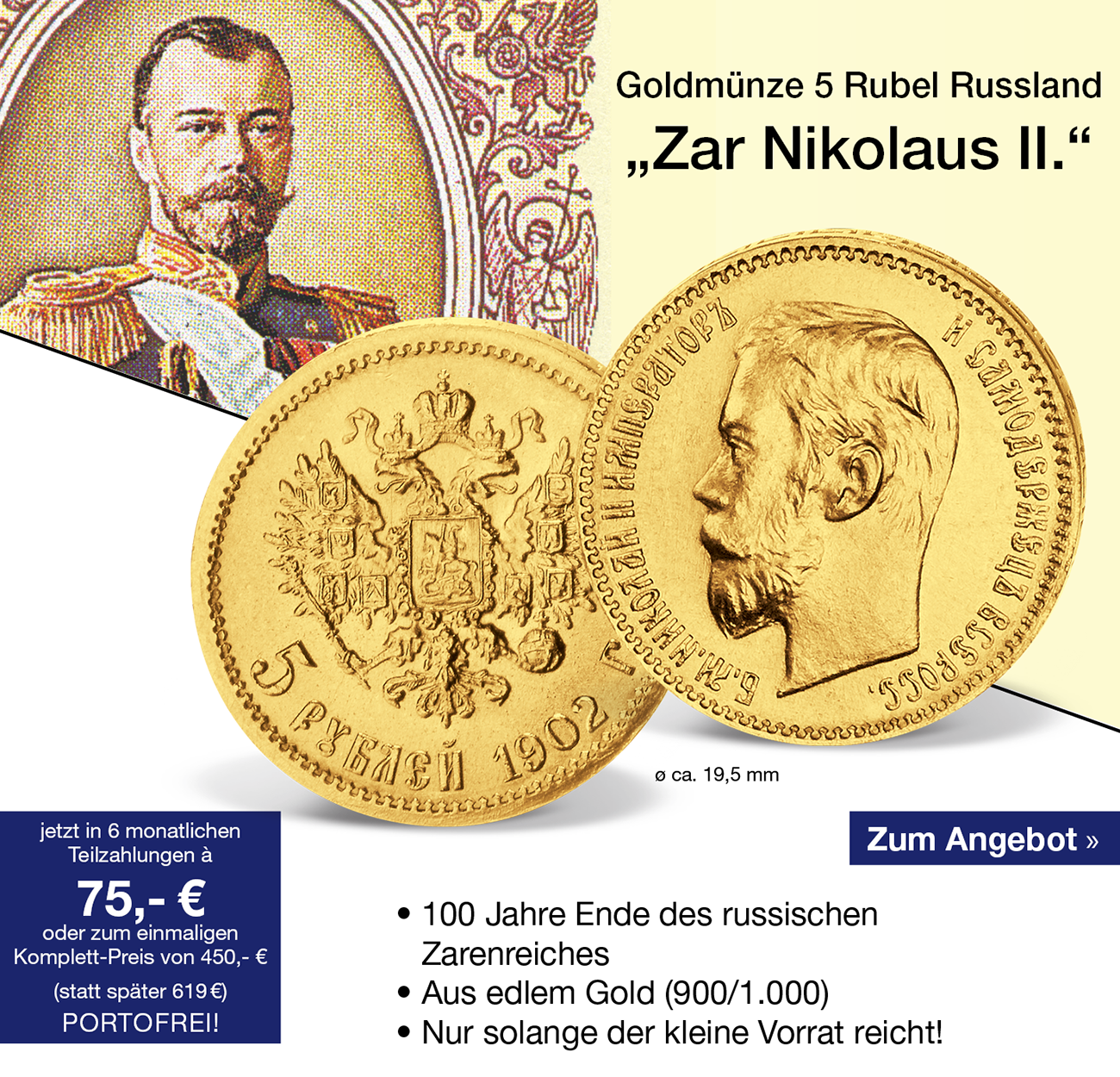  Goldmünze 5 Rubel Russland Zar Nikolaus II.